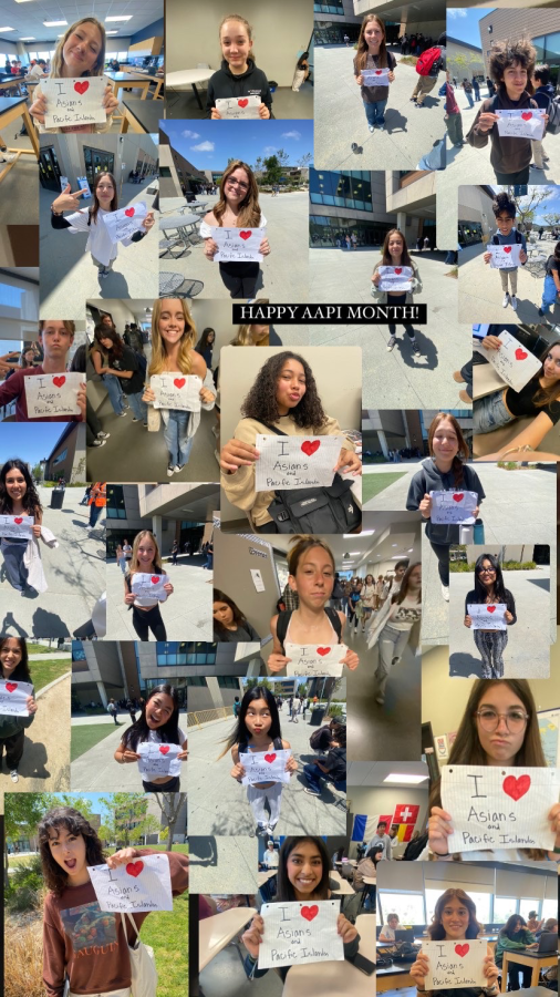 Students around San Marcos High School show their love and support for AAPI by holding up a paper that reads, I 