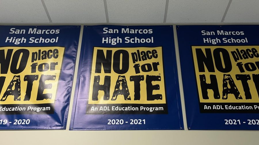 No Place for Hate banners hanging near the student union at San Marcos HIgh School.