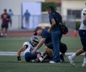 Trainer helping collapsed football player on the field. Image taken by @csharshotos on Instagram.