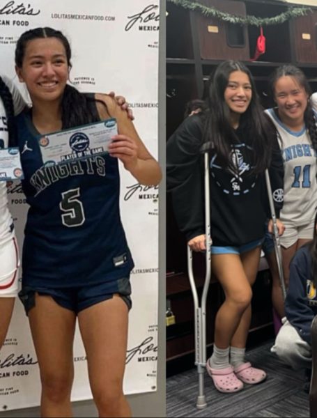 Photos of Kaiah Bacho, on the left she is posing for an award, and on the right, she is on crutches as a result of her torn ACL.