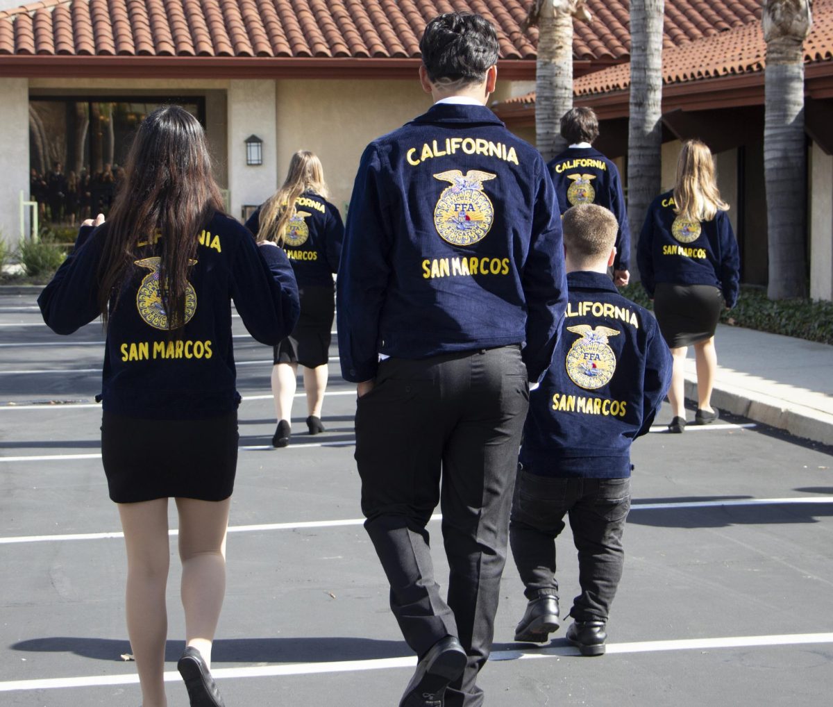 Photo+of+FFA+students+with+their+FFA+jackets+that+read+California+San+Marcos%2C+with+an+FFA+seal+in+the+center.