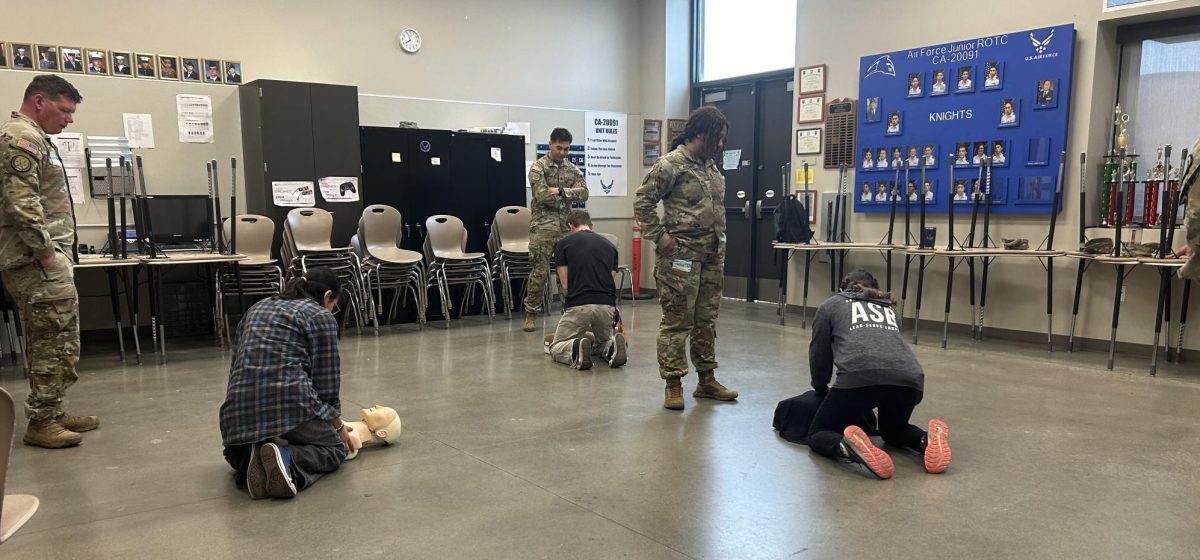 Image of JROTC at SMHS doing CPR training on dummies.